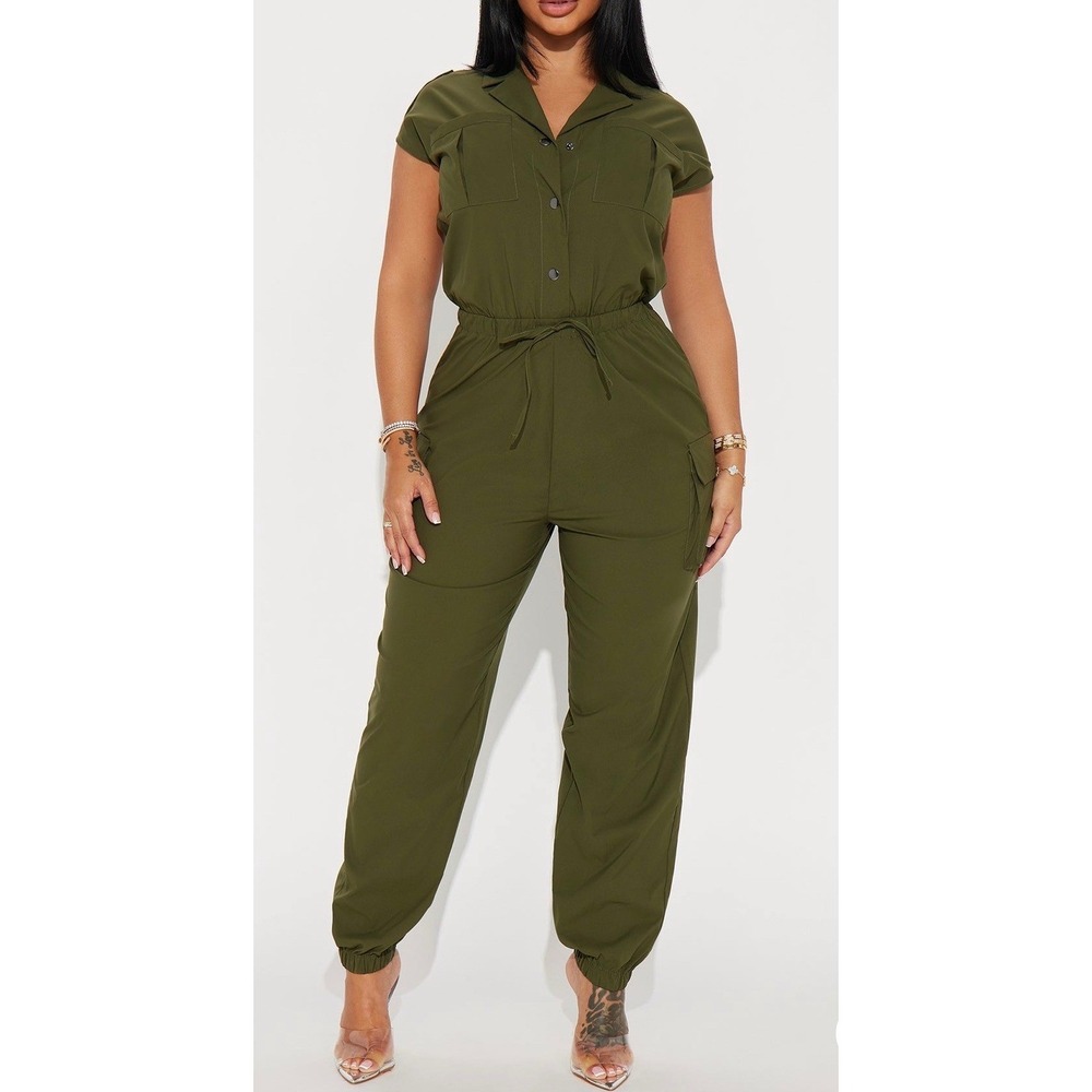 Fashion Nova Jumpsuit Olive Green Utility Cargo XL (1102)